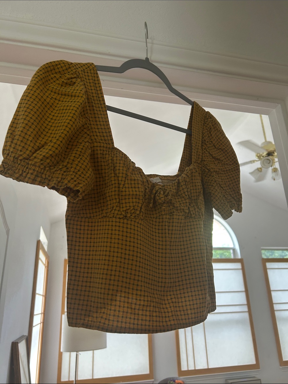 Urban Outfitters Mustard Gingham Puff Sleeve Crop Top with Front Tie